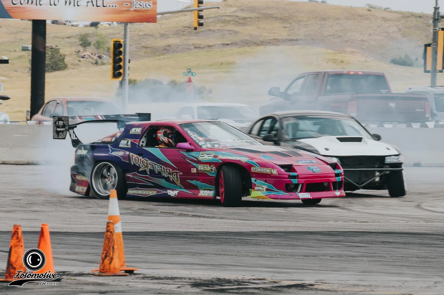 Pink and purple Drift Riot FC RX-7 mid-drift