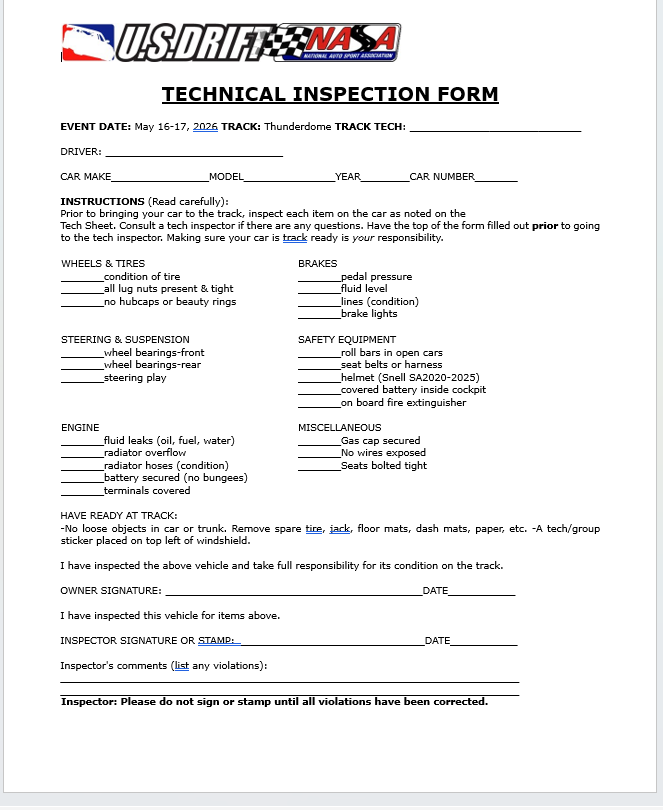 US Drift / NASA Technical Inspection Form used at SD Drift events